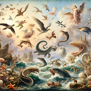 21. Och Gud skapade stora havsdjur och alla slags levande varelser, som vattnet myllrade av, efter sin art, och alla slags bevingade fåglar, efter sin art. Och Gud såg att det var gott.