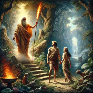 24. Och han drev ut människan; och öster om Edens lustgård satte han keruberna och det ljungande svärdet, som vände sig hit och dit, för att bevaka vägen till livets träd.