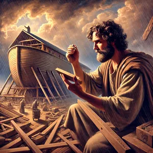 16. Du ska göra en öppning för ljus upptill på arken, en aln från ovankanten. Dörren till arken ska du sätta på sidan. Du ska göra den med en undervåning, en mellandäcksvåning och en övervåning.