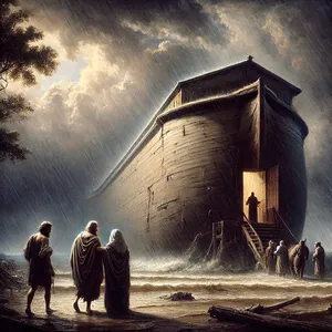 7. Noa gick in i arken med sina söner, sin hustru och sina söners hustrur för att komma undan flodens vatten.