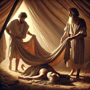 23. Men Sem och Jafet tog en mantel, lade den på sina axlar och gick baklänges in och täckte över sin fars nakenhet. Eftersom de höll ansiktet vänt bortåt såg de inte sin fars nakenhet.